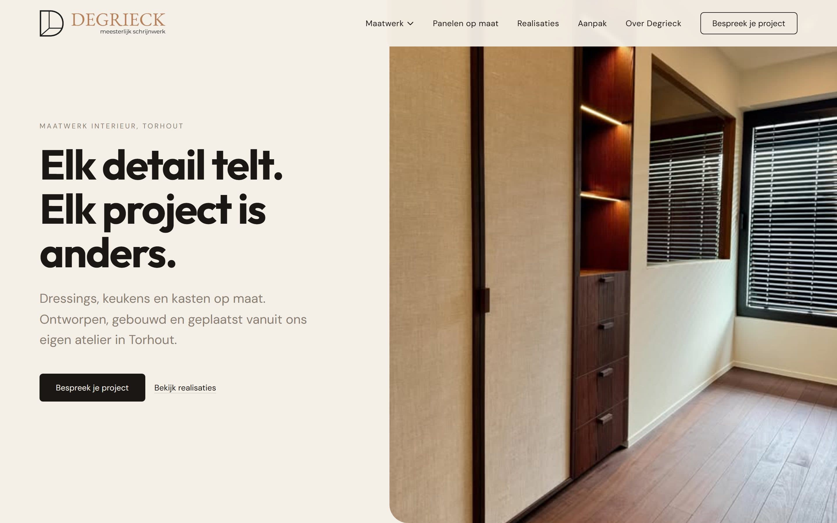 Website van Schrijnwerk Degrieck, gebouwd door Leadfox